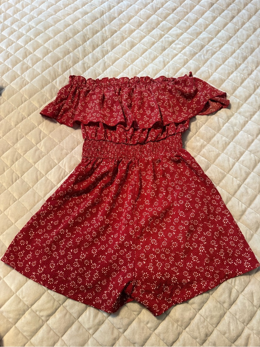SHEIN Red Floral Off-Shoulder Romper with White Print